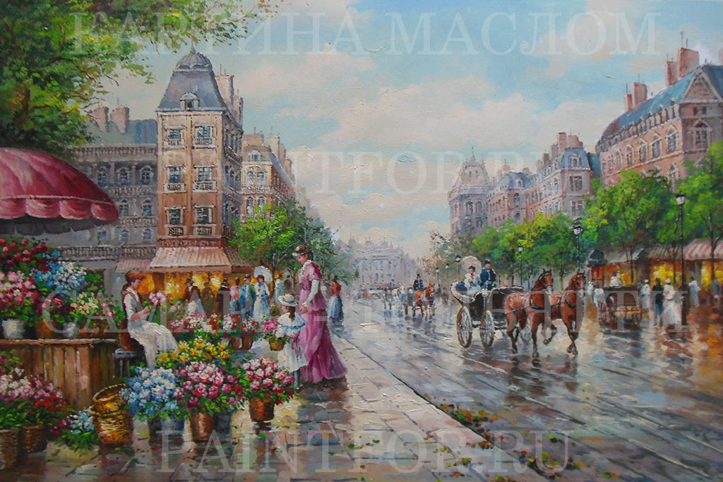 Картина маслом Цветочная городская лавка 60х90